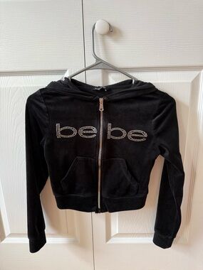 bebe Girls' Black Rhinestone Logo Zip Hoodie Jacket